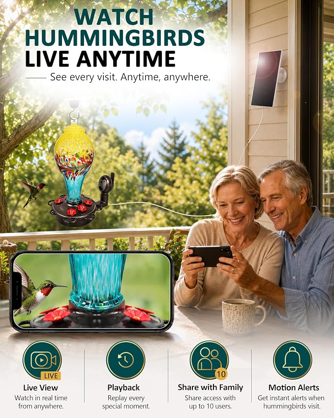 LUJII Smart Hummingbird Feeder with Camera for Outdoor Hanging, Hand Blown Glass, Solar WiFi Feeder with Live View App, 6 Feeding Ports, Leak-Resistant Design, Ant Moat & Gift Box, 36 fl oz, Yellow