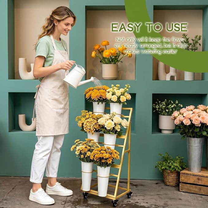 Flower Bar Stand with 6 Buckets, 3-Tier Metal Flower Display Stand on Wheels, Mobile Flower Cart for Indoor & Outdoor Garden, Flower Shop, Wedding, Party Decor(Gold)