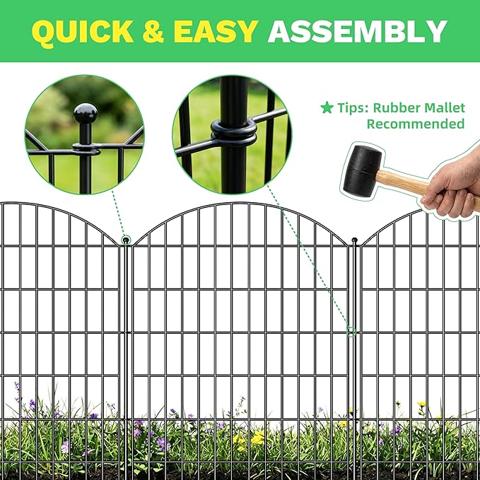 Toolterritary 10 Panels Arched No Dig Decorative Garden Fence, 40in(H) x 25ft(L) Dog Fence Outdoor for Yard, Rustproof Metal Garden Fence Animal Barrier for Dogs, Rabbits, Patio & Flower Bed