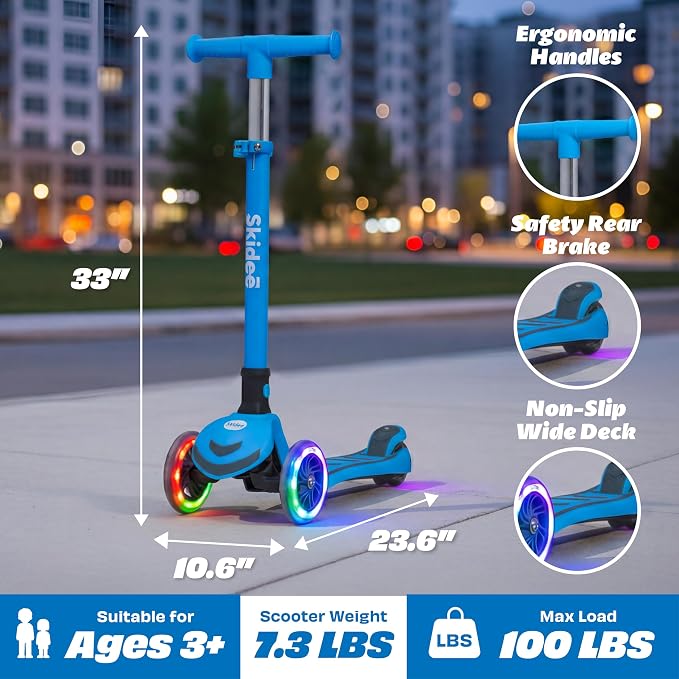 SKIDEE Kick Scooter for Kids Ages 3-5 | Foldable 3 Wheel Scooter with Lean-to-Steer, Adjustable Height, Removable Seat & LED Light Wheels | Toddler Scooter Up to 12 Year Old Boys/Girls