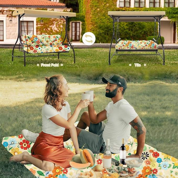 Porch Swing Cushions 3 Seater Replacement Thicken 5" Waterproof & Fade Resistant Swing Cushions for Outdoor Furniture Bench Patio Swing Cushion with Backrest & Ties(Color Floral 70x40x5inch)