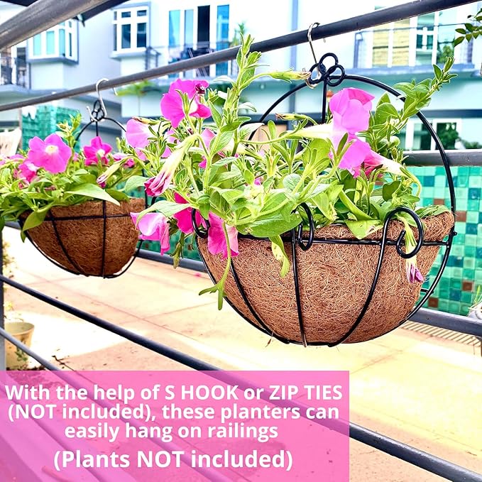 ShopLaLa Bundle - 4 Pack, 9.8 Inch Black + 2 Pack, White Metal Wire Flower Baskets with Coco Liner, Small and Cute Fence Hanging Planter, Balcony Deck Railing Patio Modern Outside Garden Patio Decor