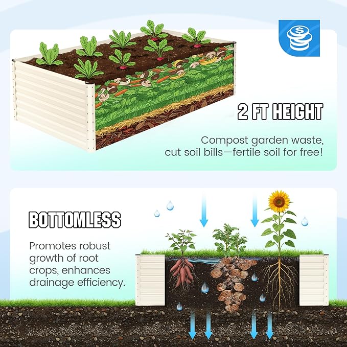 Quictent Galvanized Raised Garden Bed 8x4x2 Ft Tall Metal Planter Box for Vegetables Bottomless for Backyard, 2 Tomato Cages Included, 22.04" Deep, Beige