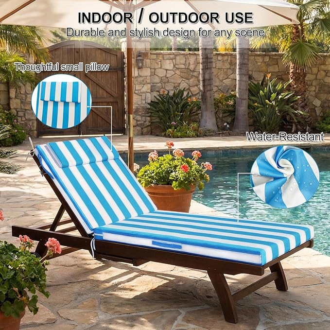 Outdoor Chaise Lounge Cushions, 72x21 Inch Olefin Water & Fade Resistant Pool Lounge Chair Cushions, Patio Sun Lounger Pad with Pillow & Straps for Patio, Pool, Deck, Lawn, Blue White Stripes