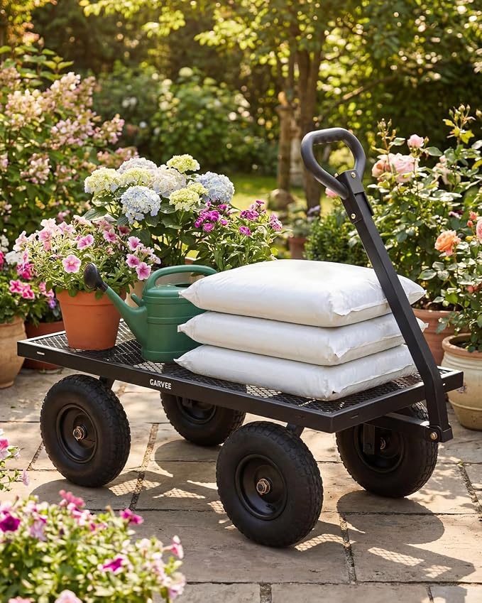 Garvee Versatile Outdoor Utility Cart-1200LBS Heavy-Duty, 13" All-Terrain Pneumatic Tires, Vehicle-Connectable, Easy Maneuverable Lawn Cart with Removable Mesh Panels for Gardening & Landscaping,Black