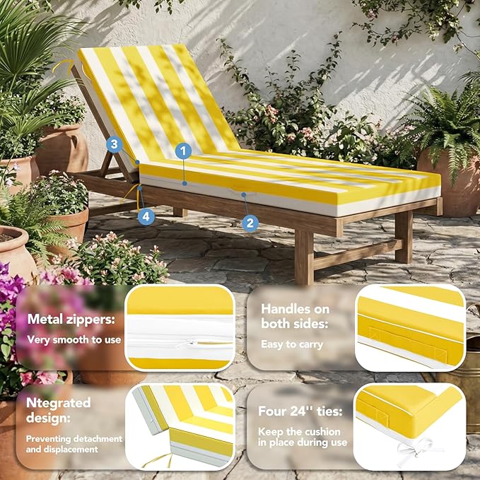 L'AGRATY Outdoor Lounge Chaise Cushion: 72x21x3 Inch Waterproof Lounge Chair Cushion for Outdoor Furniture with Fade Resistant Removable Cover - Patio Cushions for Pool Lawn Deck(Yellow White 1Pack)