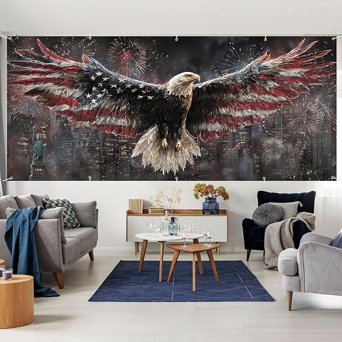 7 * 16FT Eagle USA Flag Garage Door Cover Decorations Independence Day Garage Door Banner for Outdoor Indoor Patriot Party Photography Backdrop