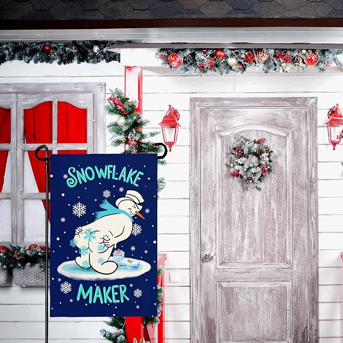 Winter Garden Flag Snowman Snowflake Maker Yard Flags Double Sided Christma Vertical Wall Banners Xmas Gift House Banner for Holiday Farmhouse Outdoor Decoration 12x18 Inch