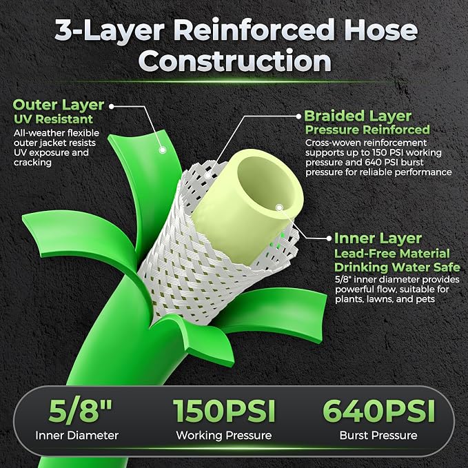 Garden Hose 100 FT, Flexible Rubber Hybrid Water Hose 5/8 Inch, Food-Grade Inner Layer, Kink-Resistant, Lightweight Outdoor Hose for Large Yard