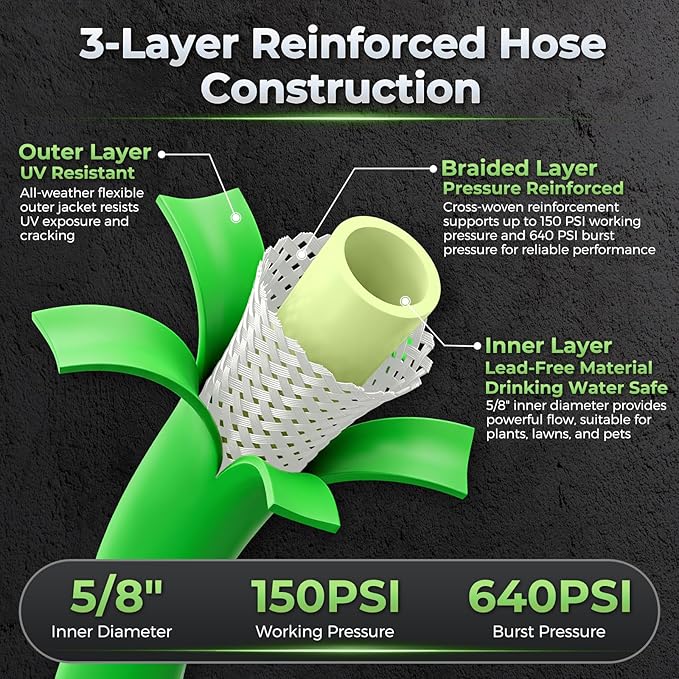 Garden Hose 50 FT, Flexible Rubber Hybrid Water Hose 5/8 Inch, Food-Grade Inner Layer, Kink-Resistant, Lightweight Outdoor Hose for Garden & Lawn