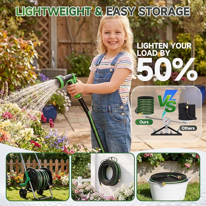 Garden Hose 25 ft Flexible Water Hoses Non-Expanding Lightweight Portable No Kink High Pressure Flat Fabric 3/4” fittings Leak-proof Durable Pipe for Outdoor Outside Yard Lawn Patio Watering Car Wash