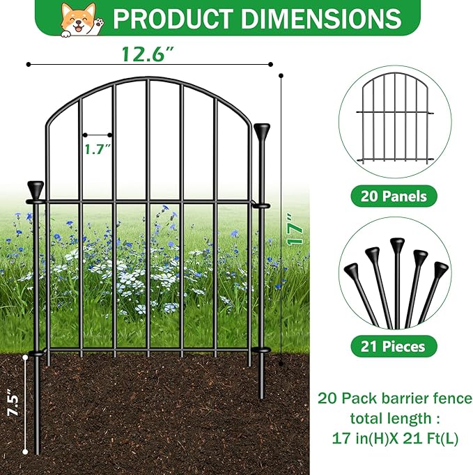 20 Pack Decorative Garden Fence Panels, 17in(H) x 21ft(L), Rustproof Metal No Dig Fence, Animal Barrier for Dogs & Rabbits, Anti Digging Fencing for Flower Bed Edging, Yard, Patio & Outdoor