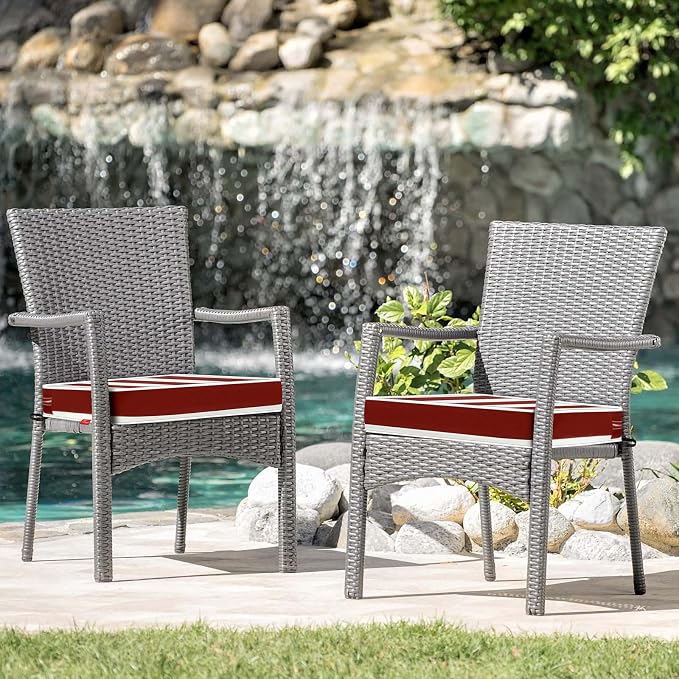 Patio Chair Cushions 22x22 Inch, Water Repellent Outdoor Seat Cushions with Adjustable Straps, Fade Resistant Replacement Cushions for Garden Deck Sofa Couch, Set of 2, Red White
