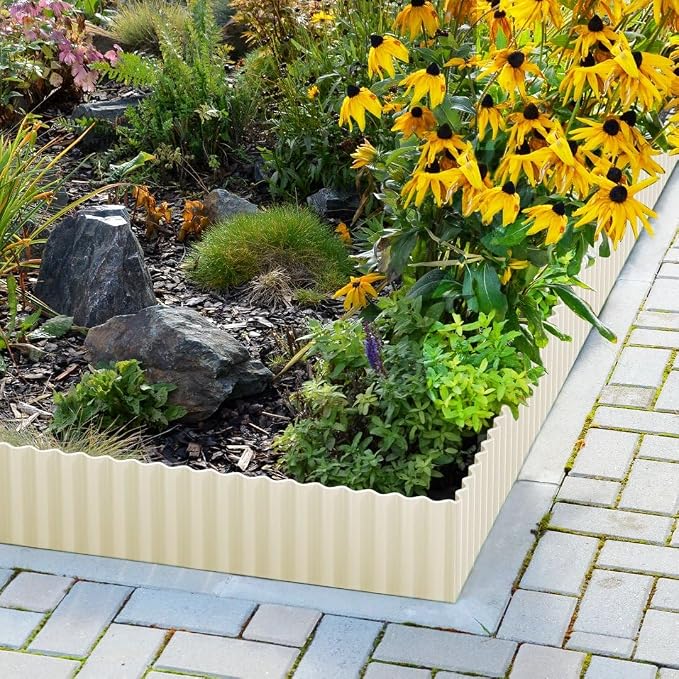 LAVEVE Corrugated Metal Garden Edging 10" x 20Ft, Landscape Edging Border for Lawn, Flower Bed, Garden Fence, Paver Edging (Cream)