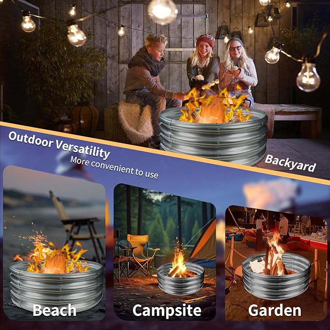 YSEJOMP 32 Inch Diameter Round Galvanized Fire Pit Ring/Fire Ring - Foldable and Perfect for Outdoor Gatherings and Campfires in The Yard/Garden/Park/Beach (Silver, 2.7 FT Diameter)