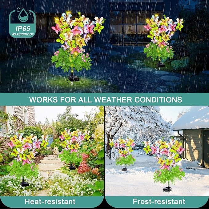 VOOKRY Butterfly Solar Garden Lights Outdoor, 2 Pack Solar Flower Garden Decor, Waterproof Decorative Lights for Outside Patio Yard Pathway Lawn Grave Cemetery, Gardening Gifts for Women Mother's Day