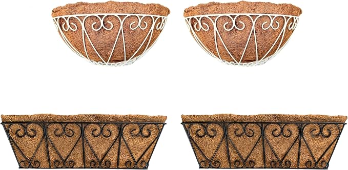 LaLaGreen Bundle- 2-Pack, 12 Inch Semi-Circle Basket with Coco Liner + 2-Pack, 16 Inch Rectangular Basket with Coco Liner, Wall Mount Hanging Flower Pot Plant Holder Rail Fence Balcony Patio Decor