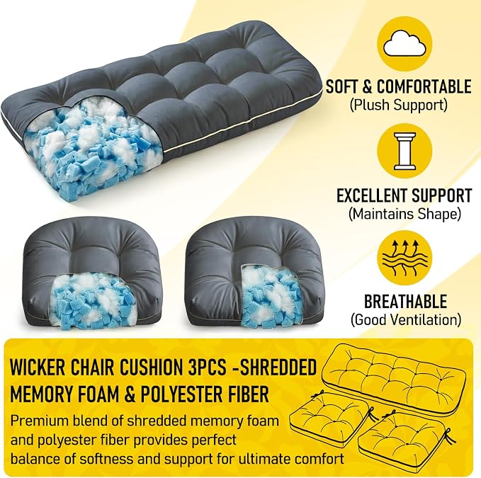 1 MIDDLE ONE Wicker Chair Cushions 3 Pieces Set for Outdoor Furniture, Replacement Patio Wicker Furniture Cushions, 1Pc Loveseat Cushion & 2Pcs Chair Cushions (Grey)
