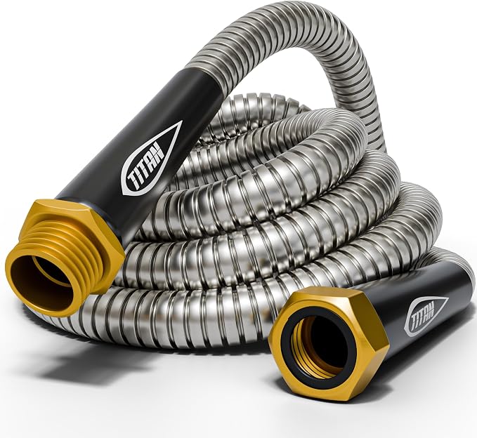 TITAN Garden Hose 30FT - 304 Stainless Steel Metal Water Hose, Flexible, Kink-Free, Lightweight, Durable, Crush Resistant Fittings, Easy to Coil, 500 PSI