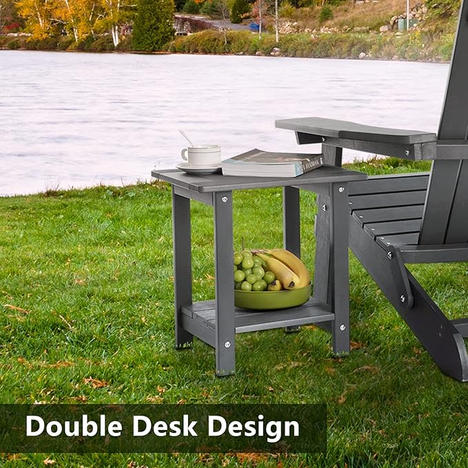 Meluvici Double Adirondack Outdoor Side Table Weather Resistant, Outdoor Rectangular Patio End Table for Adirondack Chair, Grey