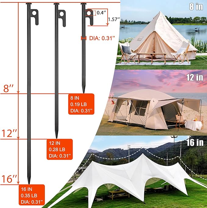 16 Pack Tent Stakes Heavy Duty Metal Tent Pegs for Camping Steel Tent Stakes 16 inch Unbreakable and Inflexible