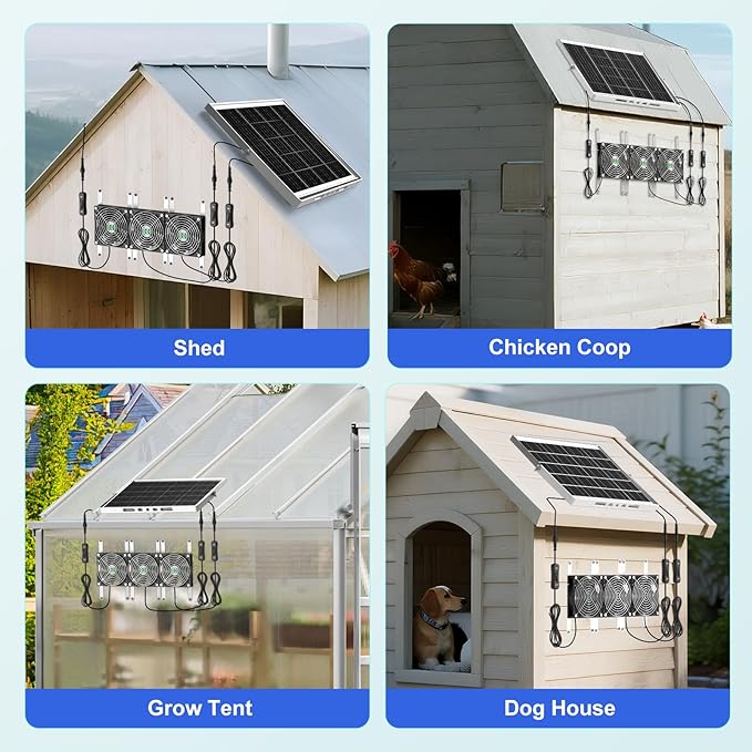 Solar Chicken Coop Fan 3 Kit, 25W Solar Powered Greenhouse Fan Outdoor Waterproof, Solar Exhaust & Intake Fans, Strong Airflow for Outside Shed Dog House Air Circulation Ventilation Cooling