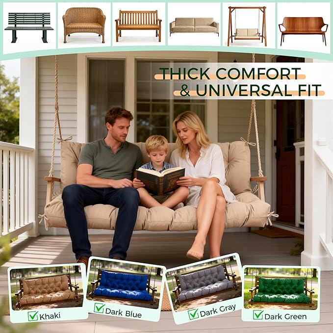 Porch Swing Cushions 60 Inch,Waterproof Patio 2 3 Seater Replacement for Outdoor Furniture with Backrest&Strap,Thick 4" Swing Seat Cushion for Loveseat Garden Glider Bench Lawn Backyard,60X40 Inch