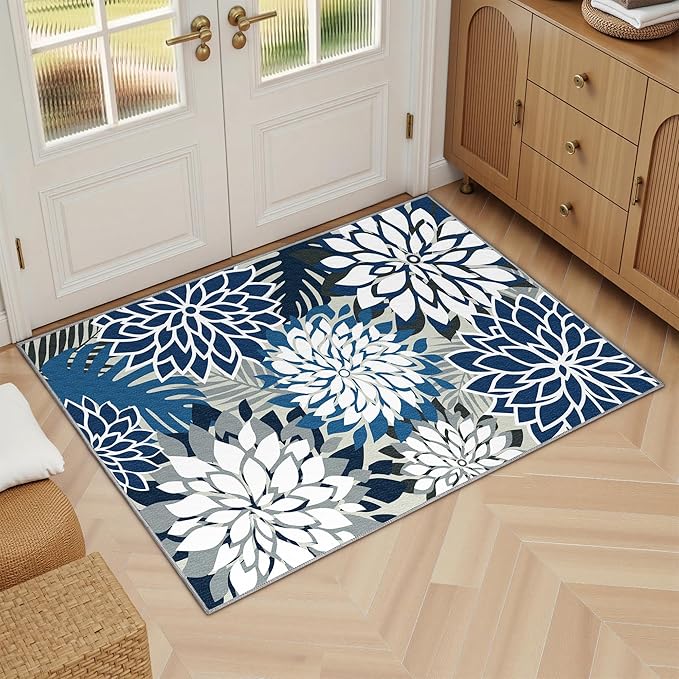 Arenarug 2x3 Washable Small Rug Tropical Botanical Modern Floral Indoor Chenille Door Mat Carpet Non Slip for Patio, Entry Way, Entrance, Porch, Blue