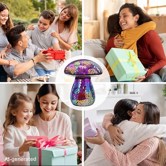 Bshine Mushroom Garden Statue Decoration, Colorful Mosaic Mushroom Sculptures Home Decor, Outdoor Waterproof Handmade Glass for Yard, Path, Lawn Ornaments or Gifts for Mom (Purple)