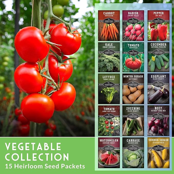 Vegetable Garden Seed Vault for Planting – 15 Pack Collection | Heirloom Non-GMO Family Garden Kit & Gift – Tomato, Lettuce, Cucumber & Squash – Indoor or Outdoor Growing – Survival Garden Seeds