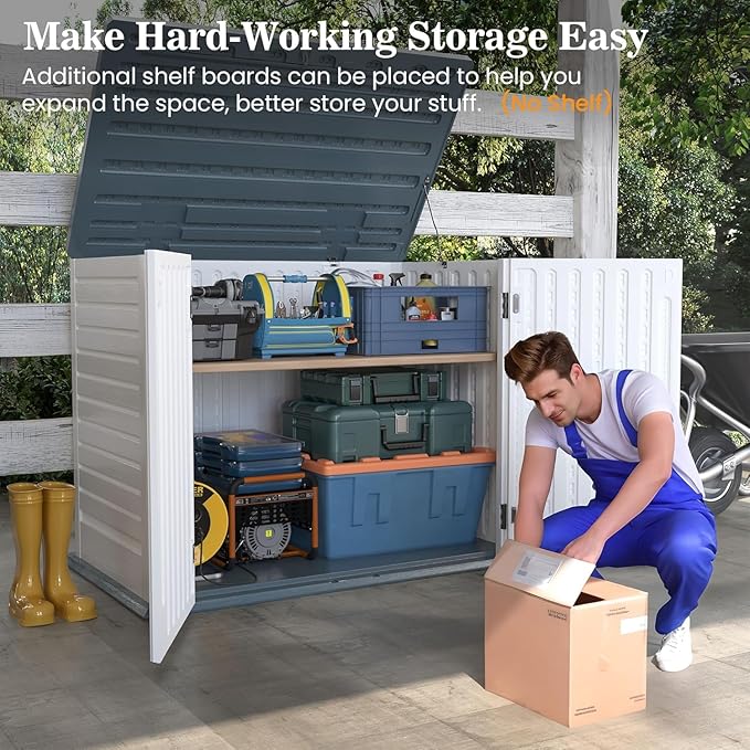 UDPATIO 4.5' x 2.5' Outdoor Storage Shed Horizontal Outdoor Trash Can Storage Box Plastic Shed Resin Cabinet,White & Grey,35 Cu.Ft