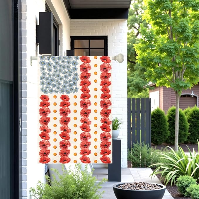 Large Patriotic Poppy House Flag American Flag Floral Gargen Flags Outdoor Double Sided Memorial Day Independence Day Fourth of July Oversized Yard Banner All Season Decor 28 x 40 Inch