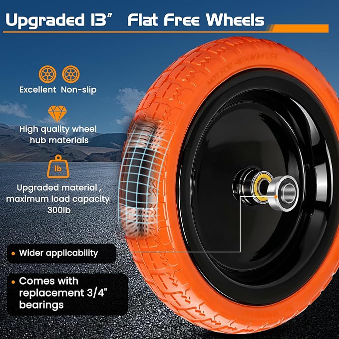 13" Flat Free Wheels Replacement for GOR Garden Cart Tires and Wheels, 4.00-6 Solid Tires and Wheels with 5/8"Bearings, 13" No Flat Wheels for GOR Garden Carts/Hand Trucks/Garden Carts（Orange）