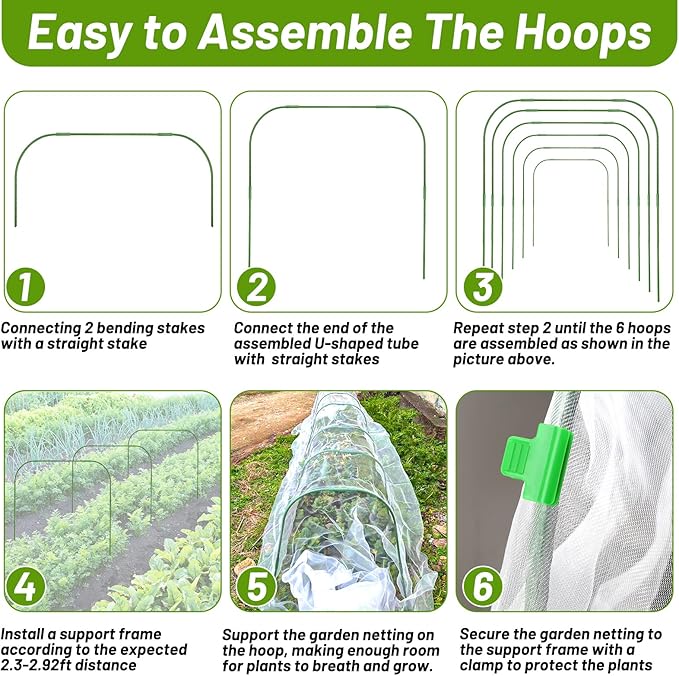 Cludoo 67pcs Garden Mesh Netting Kit,6 Sets Wide Garden Hoops with 10x20 ft Garden Covers Bird Netting& 12 Clips, Garden Protection for Raised Beds Greenhouse Vegetable Plants Flowers Animals