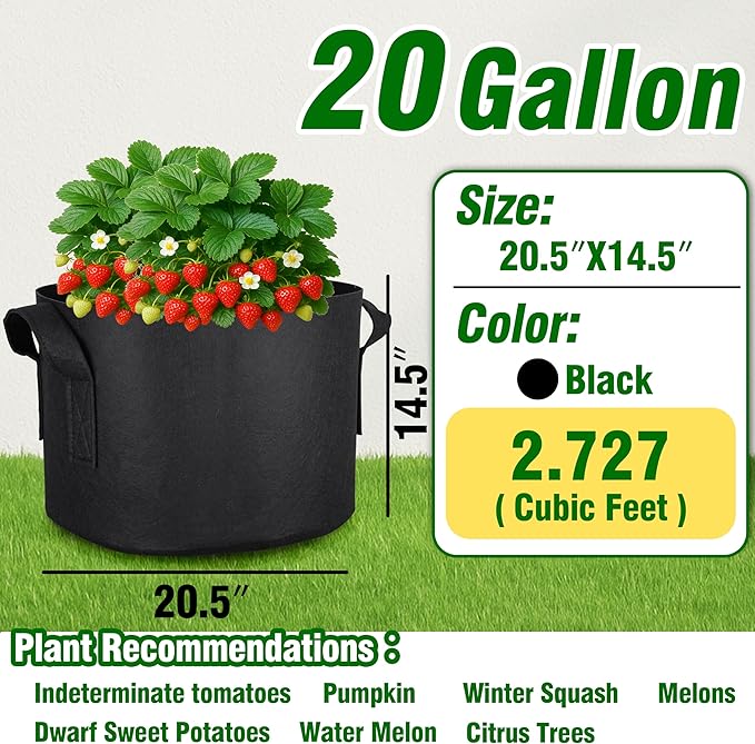 12-Pack 20 Gallon Grow Bags, Heavy Duty Fabric Pots with Handles, Reusable Plant Bags for Vegetable, Herbs & Flowers, BPA-Free, Breathable, Durable