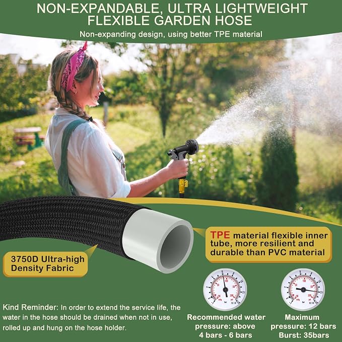 Garden Hose Non-Expandable 100 ft, Lightweight Flexible Water Hose with 10 Function Spray Nozzle, Outdoor Leak Proof, Kink-Free, Portable Hose for Yard, Lawn, Camper, High-Density Fabric, Black Grey