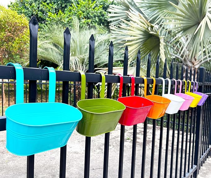 8 Pack Hanging Planters 10", Colorful Metal Bacony Railing Planter for Outdoor Decor, Countryside Fence Pot Flower Bucket for Rails Patio Garden, Plant Pot for Herb (9.8", Pack of 8)