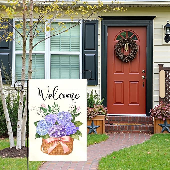 Hydrangea Spring Garden Flag Welcome Summer Yard Flags Blue Hydrangeas Floral Basket Double Sided House Banners Front Porch Patio Lawn Seasonal Flowers Outside Yard Outdoor Decor 12x18 Inch