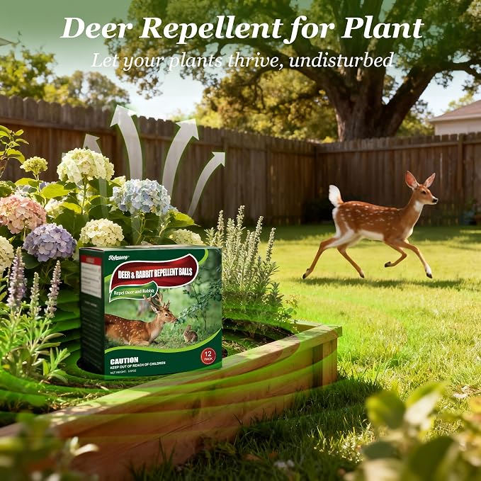 12 Pack Deer & Rabbit Repellent Balls-Deer Repellent, Rabbit Repellent Outdoor,Animal Deterrent for Garden, Yard, Trees & Plants-Long-Lasting 30-60 Days-Safe for Pets, Kids, Flowers & Vegetables