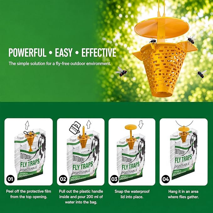 Fly Traps Outdoor Hanging, 6 Pack Portable Disposable Fly Catcher, Add Water Outdoor Flying Insect Trap Fly Traps for Patio, Garbage, Backyard, Ranch Areas