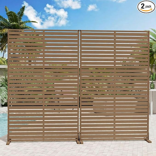 Outdoor Privacy Screen 72" Decorative Privacy Fence Set of 2, Air Conditioner Fence, Freestanding Privacy Screens with Stand, Weather-Resistant Patio Divider Panel for Balcony, Backyard,Brown
