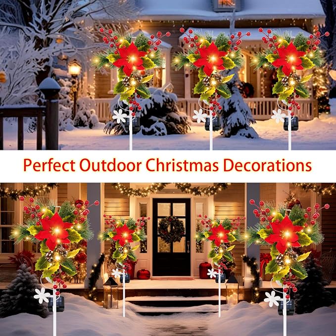 4 Pack Solar Christmas Decorations Outdoor, 32 Inch Solar Christmas Cross Stake Lights, Waterproof Grave Decorations with Poinsettia Flower Pinecones Red Berries for Garden Yard Patio Lawn Cemetery