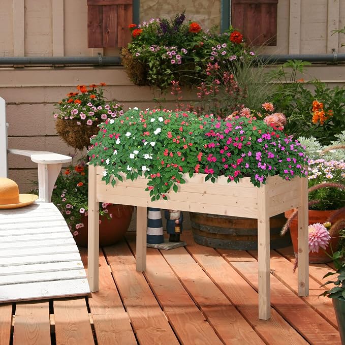 Outsunny Raised Garden Bed with Legs, 48" x 22" x 30", Elevated Wooden Planter Box, Self-Draining with Bed Liner for Vegetables, Herbs, and Flowers Backyard, Patio, Balcony Use, Natural