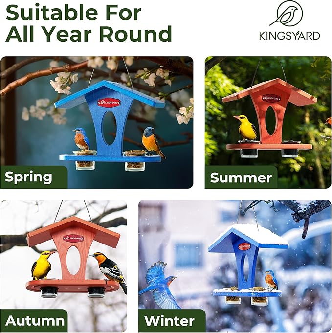 Kingsyard Bird Feeder for Outdoor Hanging, Recyceled Plastic Bluebird Feeders for mealworm, Two Dishes w/ 5 oz, Durable & Weatherproof, for Bird Lovers, Blue