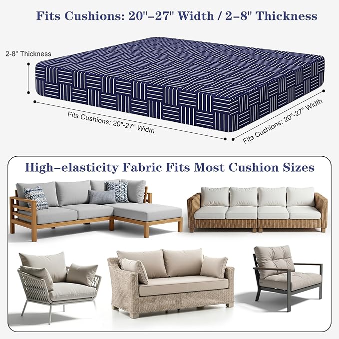 8-Piece High Elastic Outdoor Cushion Covers - Full Set Stretch Replacement Slipcovers for Seat & Back Cushions - Universal Fit for 4-Person Patio Sofa, Fits 20-27" Wide