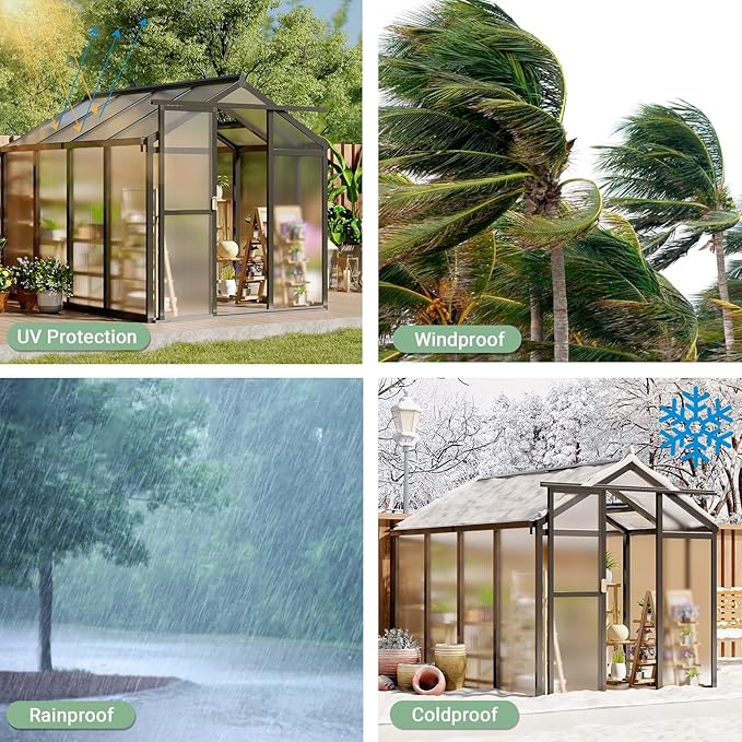 GarveeHome 6X8 FT Greenhouse, Walk-in Greenhouse Kit with Aluminum Frame, Polycarbonate Panels, Adjustable Roof Vent, Sliding Door, Secure Lock for Outside Garden, Patio, Backyard