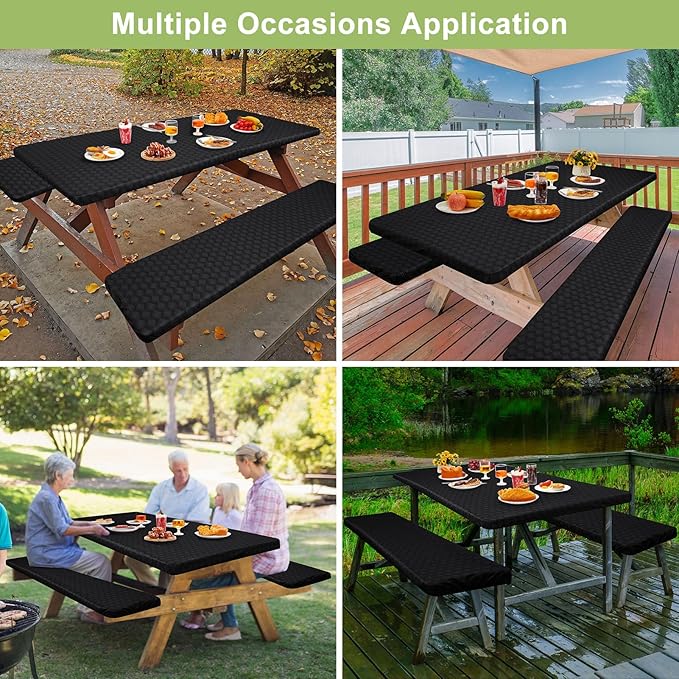 Play Tailor Picnic Table Cover with Bench Covers Camping Essentials Waterproof Windproof Camping Tablecloth with Drawstring Bag, Fitted Rectangle Tables and Seats, 72in, Black