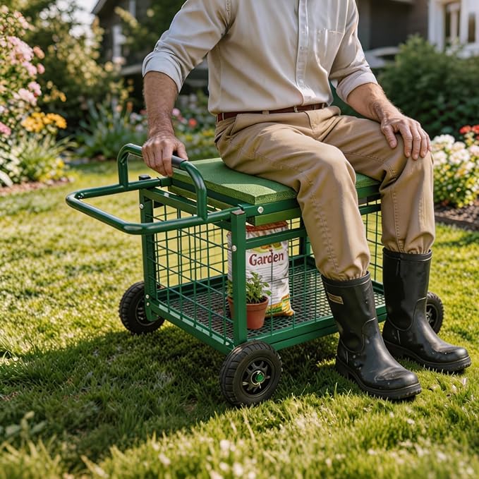 FLINTER Extra-Large Rolling Garden Cart and Kneeler, 2026 Heavy Duty Gardenning Cart with Seat and Kneeler - Garden Rolling Stools with Wheels for Seniors, Lawn, Patio & Backyard Gardening, Green
