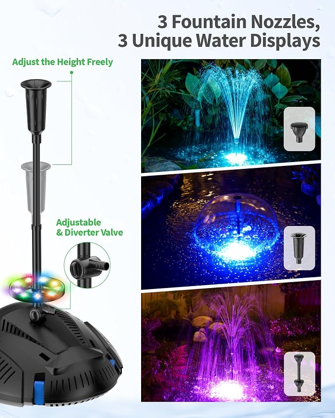POPOSOAP Pond Filter with Fountain Kits Built-in U-V Clarifier, 660GPH Pond Pump Filter with RGB LED Lights & Remote Controller Light Timer, Pond Filters for Outdoor Ponds Clean, Clear P2300D