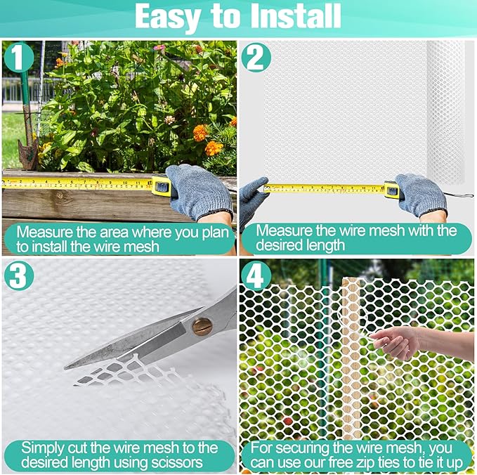 Plastic Mesh Fence Sheet 15.7IN x 10FT - 0.3IN Opening Plastic Chicken Wire Netting Roll Durable for Dogs, Poultry, Puppy, Garden Snake Barrier with 50 Pcs Zip Ties - White